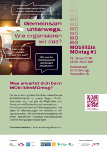 Plakat der Veranstaltung Gemeinsam unterwegs. Wie organisieren wir das?